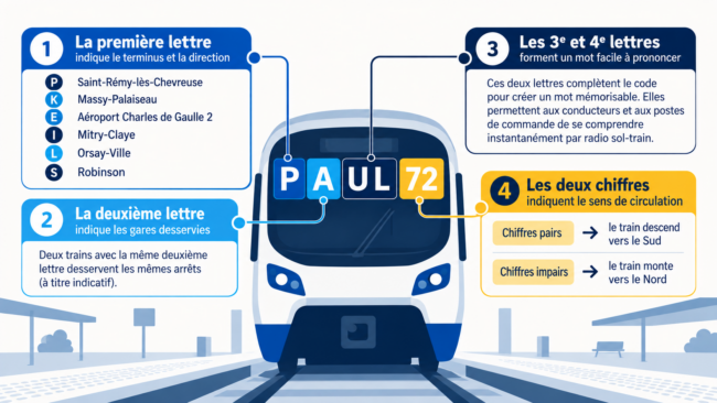 Infographie explicative du code mission d'un train RER B décryptant le code PAUL 72 en quatre étapes : terminus, desserte, prononciation radio et sens de circulation.
